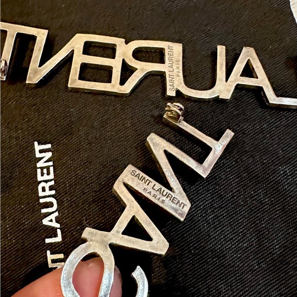 Saint Laurent Silver Crystal Logo Brooch Accessories. - Picture 5 of 7